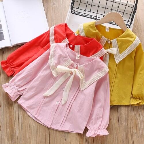 Spring Autumn Elegant Kids Girls Blouses Single Breasted Bow Tie Girls Shirts Lantern Sleeve Lace Patchwork Children Blouse 2-6T