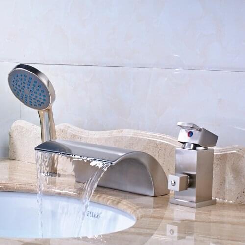 Widespread Waterfall Bathroom Bathtub Faucet Brushed Nickel With Hand Shower