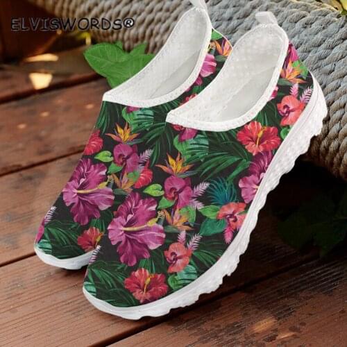 ELVISWORDS Tropical Hibiscus Flower Pattern Comfortable Walking Shoes for Women Casual Ladies Flats Shoes Female Slip on Loafers