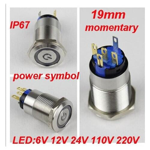 1pcs switch light 19mm illuminated push button switch anti-vandal reset momentary with led power symbol head shipping free