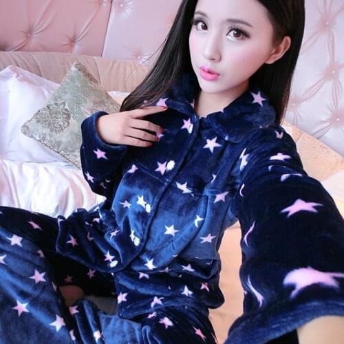 H5772 Women Pajamas Winter Flannel Long Sleeve Thickened Coral Velvet Sleepwear Girl Warm Lovely Turn Down Collar Homewear Suit