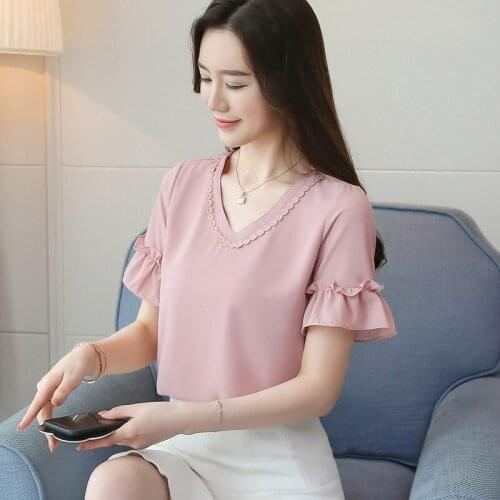 Summer New Chiffon Shirt Office Ladies Solid Color Short Sleeve Top Blouse Womens Temperament Bottoming Shirts Clothes H9135