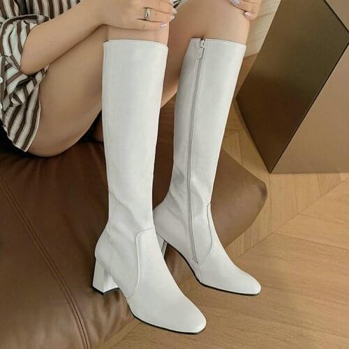Artificial Leather Women Knee High Boots Fashion Zipper Ladies Square High Heel Boots Autumn Winter Womens Shoes Black White