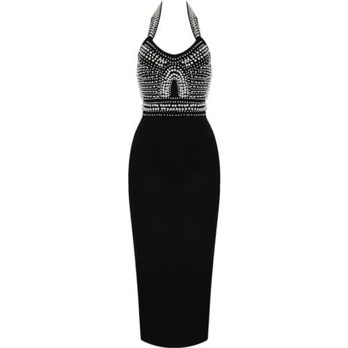 Women Dress Elegant Sexy Sleeveless Beading Bandage 2021New Arrival Autumn Winter Halter Clothes Club Celebrity Party Dresses