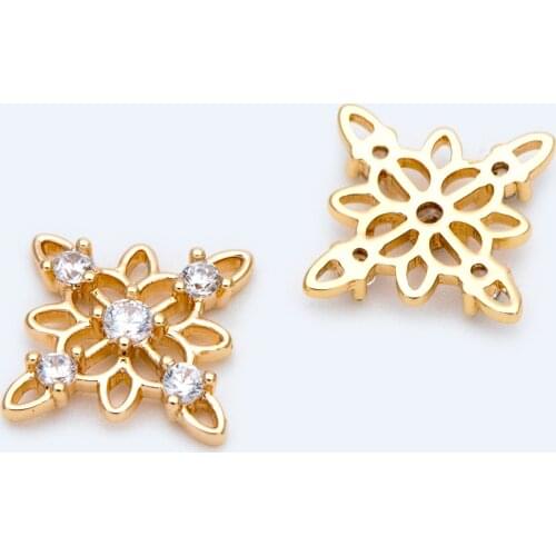 10pcs CZ Paved Gold Snowflake Connectors 15mm, Rhinestone Flower Charms, Real Gold Plated Brass Findings (GB-1547)