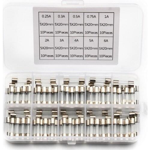100PCS 0.25A 0.3A 0.5A 0.75A 1A 2A 3A 4A 5A 6A Fast Blow Glass Tube Fuses Assorted Kit Quick Blow Glass Fuse 20x5mm With Box