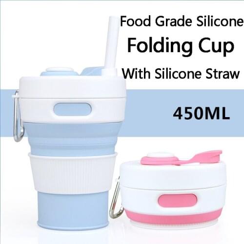 450ml Folding Cup Silicone Portable Water Bottle Sport With Silicone Straw Coffee Cup Mug Drinking Collapsible Foldable Camping