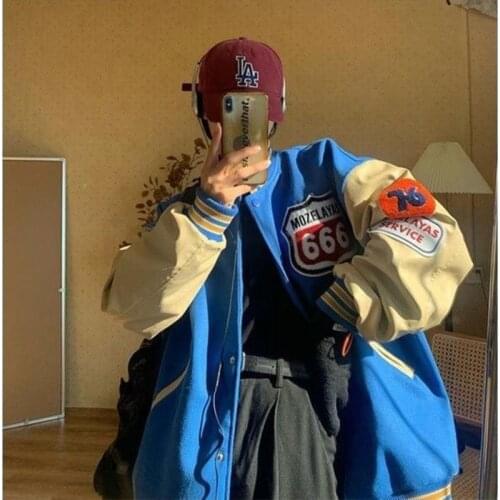 America Bomber Baseball Jacket Blue Pu Leather Sleeves Female Men Jackets Women Harajuku Plus Size Streetwear Outerwear Goth
