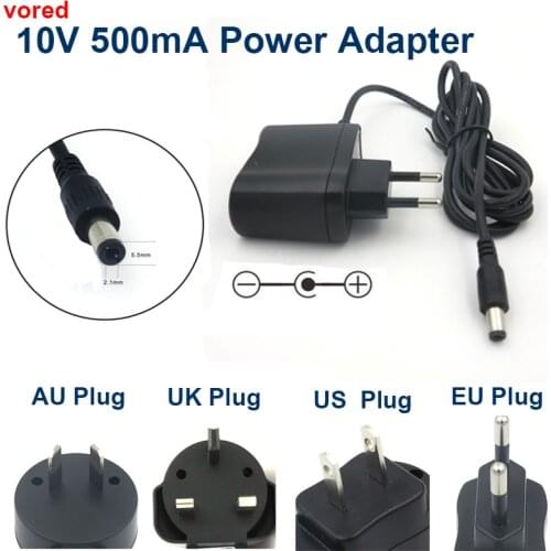 Free Shipping VORED 1PCS 10V 500mA AC/DC Power Adapter US/EU/UK/AU Plug Universal Charger 5.5*2.1mm for LED table lamp