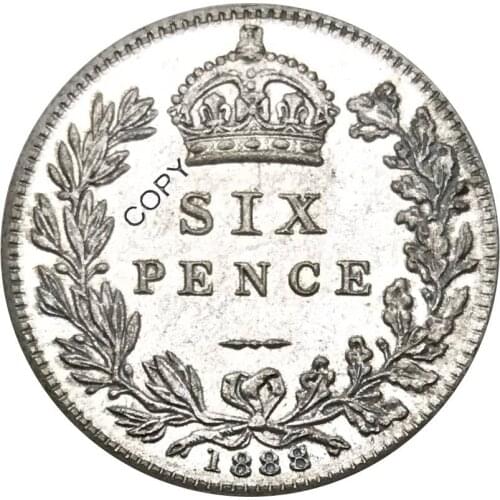 Great Britain 1888 VIATORIA DEI GRATIA BRITT REGINA SIX PENCE Brass Silver Plated Copy Coin