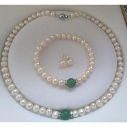 Natural White Akoya Cultured Pearl Green Emerald Bracelet Necklace Earrings set jade Crystal Jewelry