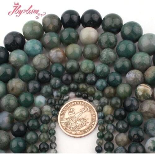 6,8,10,12mm Round Bead Loose Green Moss Agates Smooth Natural Stone Beads For Jewelry Making DIY Necklace Bracelet Strand 15"