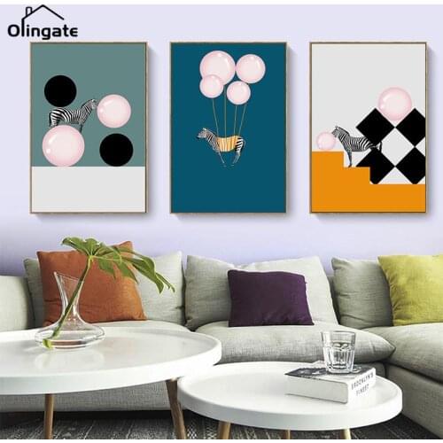 Nursery Animal Posters Zebra Pink Balloon Animal Art Canvas Paintings Prints Wall Picture for Home Kids Bedroom Decor