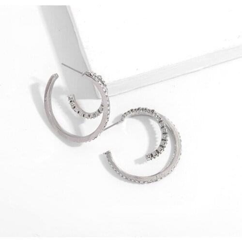 Kpop trend fashion irregular double hoop earrings simple temperament all-match inlaid zircon women earrings exquisite jewelry
