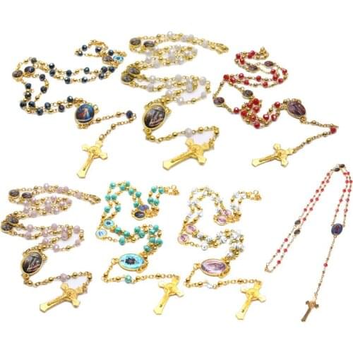 Cross Pendant Rosary Necklace Christian Religion Jesus Glass Crystal Chain Jewelry Charm Gifts