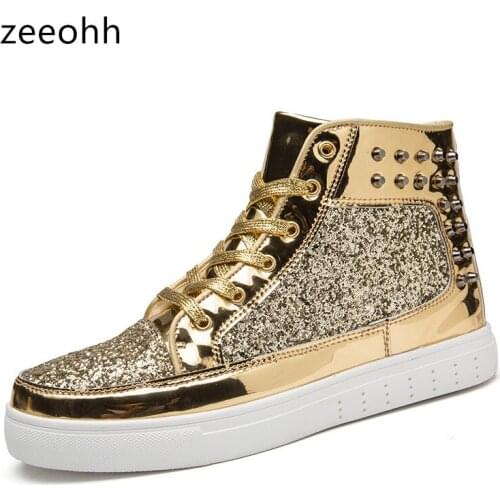 Unisex Brand Shoes Nightclub Men Youth Casual Couple Shoes Rivet Mens Spike High Top Sneakers Glitter Leather Flats Men Shoes