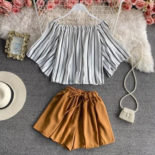 Summer Women Sexy two piece sets Casual striped Chiffon blosu Tops + Shorts Elastic Waist Wide Leg Pants Suit Set two Piece Set