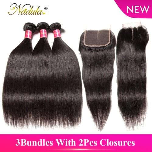 Nadula Hair 3 Bundles With 2Pcs Closures Brazilian Straight Hair Bundles With Closure 100% Remy Human Hair Bundles With Closure