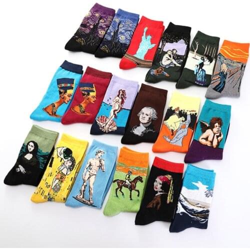 1 Pair Colorful Mens Socks Harajuku Happy Funny Causal Cotton Socks Starry Night Art Oil Painting For Wedding Christmas Gift