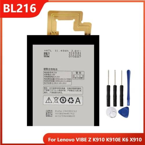 Original Phone Battery BL216 For Lenovo VIBE Z K910 K910E K6 X910 Replacement Rechargable Batteries 3000mAh With Free Tools