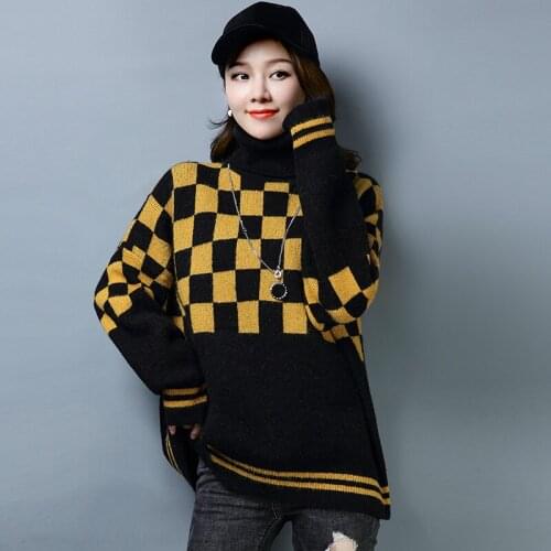 Autumn Ladies Turtleneck Plaid Knitted Sweater Female Pullover Vintage Patchwork Plaid High Collar Sweater