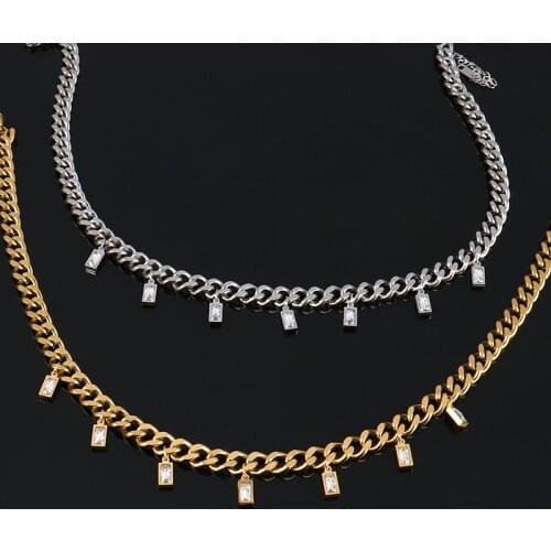 Punk Stainless Steel Necklace Zircon Thick Chain Choker Necklace Men Square Charms Pendant Necklaces For Women Jewelry Necklace