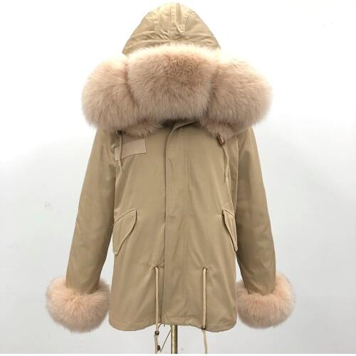 Missjanefur Coat Women Parka With Fur Lining Khaki Warm Big Fur Collar Real Fur Parka Jacket Winter 2021