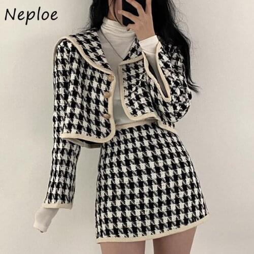 Neploe French Style Retro Female Skirt Suits Sailor Collar Plaid Cardigan Jacket Tops + High Waist A-line Skirt Knit Two-piece