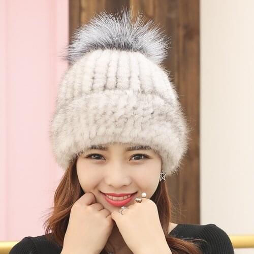 Mink Fur Hat with Fox Fur Ball Lady Winter Knit Mink Hair Thick Warm Earmuffs Womens Soft Fur Hats for Autumn and Winter