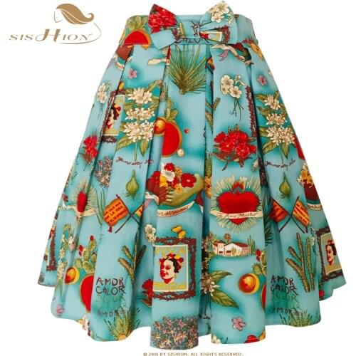 SISHION Y2K Elegant Party Midi Pleated Skirt Pockets SS0012 Plus Size Cotton Women Summer 50s 60s Floral Printed Vintage Skirt