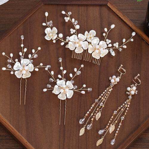 FORSEVEN Bridal Wedding Hair Accessories Flower Leaf Crystal Pearls Hair Combs Hairpins Earrings Decor Jewelry Gift Sets