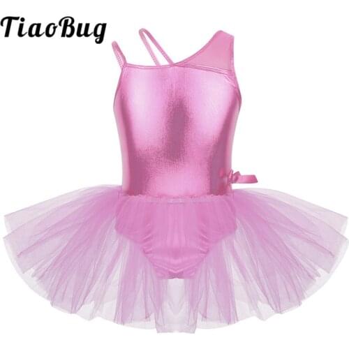 TiaoBug Kids Teens Mesh Splice Ballet Tutu Dress Dance Wear Girls Ballet Gymnastics Leotard Children Shiny Stage Dance Costumes
