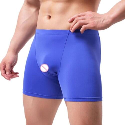 Sexy Men 3D Plus Size Ice Silk Smooth Solid Big U Convex Pouch Half-length Boxers Long Leg Underpants Boxer Jocks Gay Wear F14