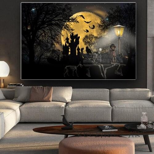 Vintage Full Moon Pictures Skeleton Posters Skull Prints Darkness Crossbones Canvas Painting Gothic Wall Art Home Decoration