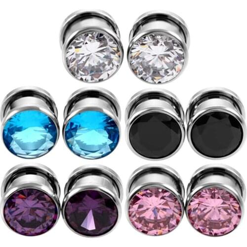 Pair Color Cubic Zircon Screw Silver Stainless steel Ear Plugs Flesh Tunnel Double Flared Tunnel Gauge Body Piercing Jewelry