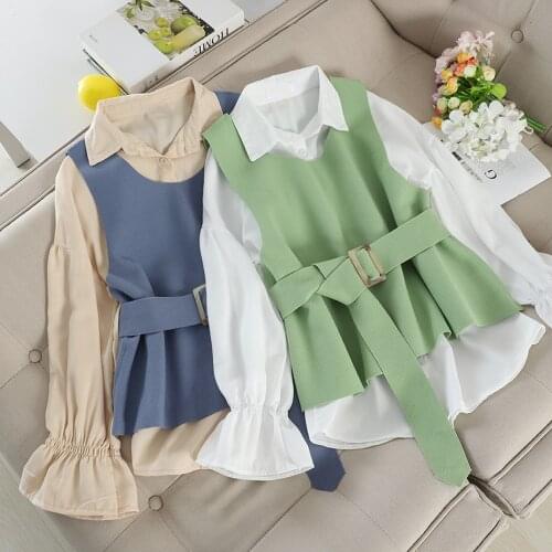 New Women Casual OL Blouse Turn-down Collar Long Sleeves Tops Woolen Vest Sashes Autumn Female Streetwear Loose Blouse G13977