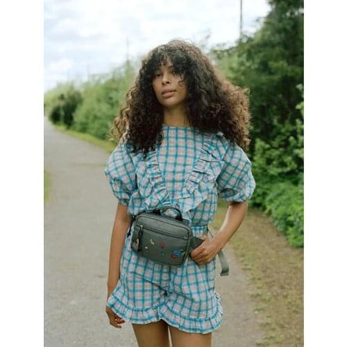 Women Shirts 2021 Early Autumn Nordic New Product Plaid Round Neck Ruffled Puff Sleeve Set Top + Shorts