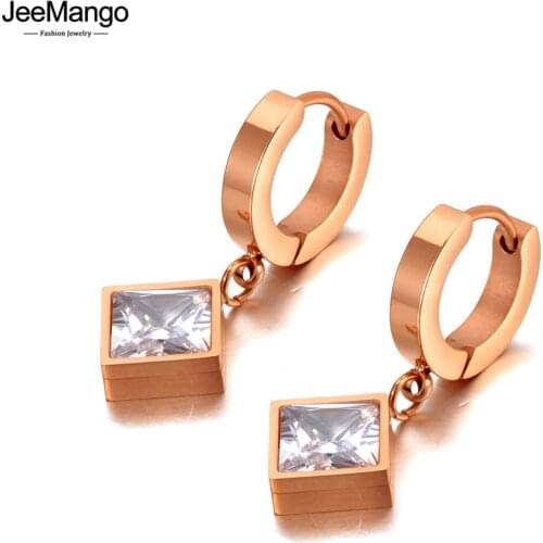 JeeMango Bling Style 316L Stainless Steel Square CZ Crystal Hoop Earrings Trendy Rhinestone Earrings Jewelry For Women JE20157