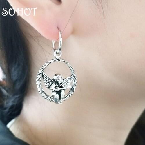 SOHOT Vintage Silver Color Alloy Round Angel Pendant Women Hoop Earrings Trendy Charming Party Jewelry Brincos