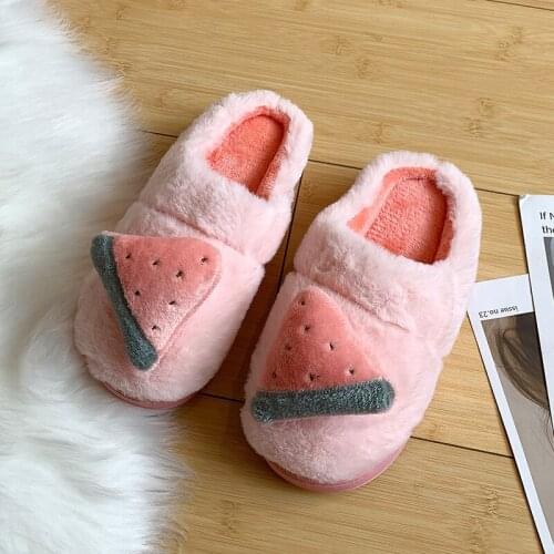 PULOMIES Women Winter Slippers Creative Fruit Watermelon Indoor Casual Warm Plush Fur Cotton Slippers House Couple Slippers