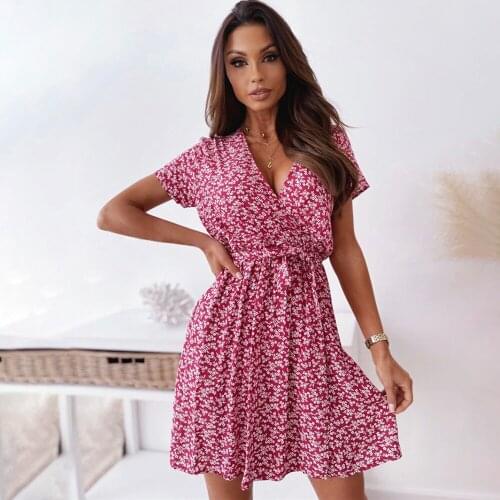Sexy Deep V Neck Boho Floral Mini Dress For Women 2021 Summer Short Sleeve Lace-up Belted Beach Party Woman Dresses Robe Femme