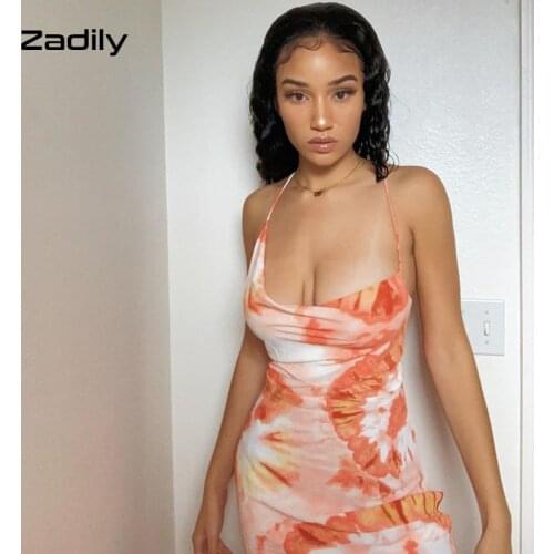 Zadily Beach Style Sleeveless Tie Dye Women Mid Dress Sexy Bandage Backless Ladies Robe 2021 Summer holiday Female Clothing
