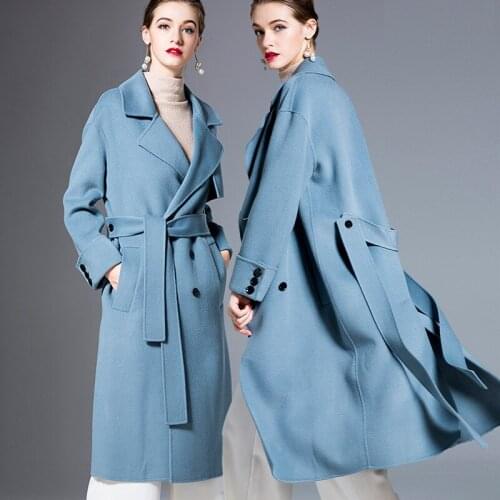 Womens winter overcoats blue belt Double-sided wool cashmere outwear 2019 autumn plus size ladies fashion long free ship