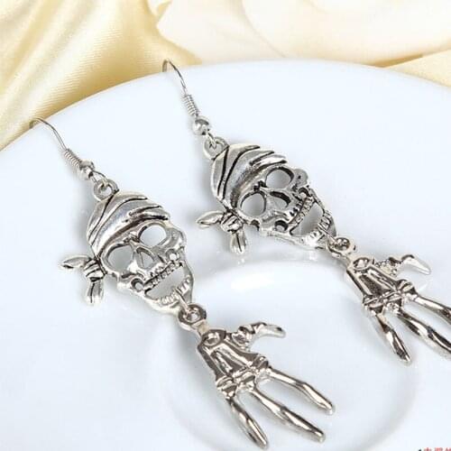 12 Pairs/Lot Silver Color Drop Earrings Women Dangle Earring Skull Skeleton Pendant EarDrop Halloween Jewelry Retro Accessories