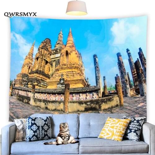 3D Thai Buddhist Architecture Tapestry Wall Hanging Buddha Statue Printing Balcony Living Room Bedroom Dorm Decor Art Tapestries