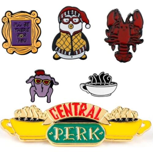 7pcs/set TV Friends Brooch Enamel pin Penguin Central Park Coffee Cup Monicas Double Door Frame Lobster Brooches Collar Pins