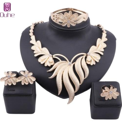 African Beads Jewelry Set Gold Color Crystal Women Wedding Necklace Bangle Earring Ring Set
