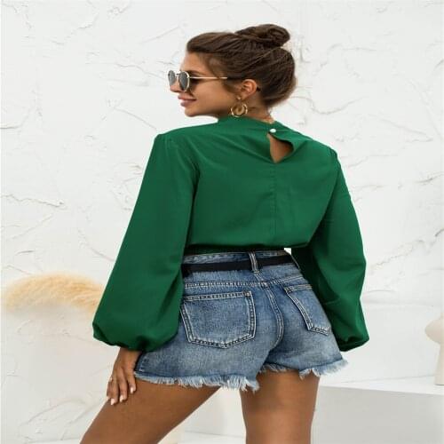 Womens Blouses Spring Autumn Hollow Out Button O-Neck Long Sleeve Shirts Woman Clothing 2021 Short Blusas Femme Y2k Green Tops