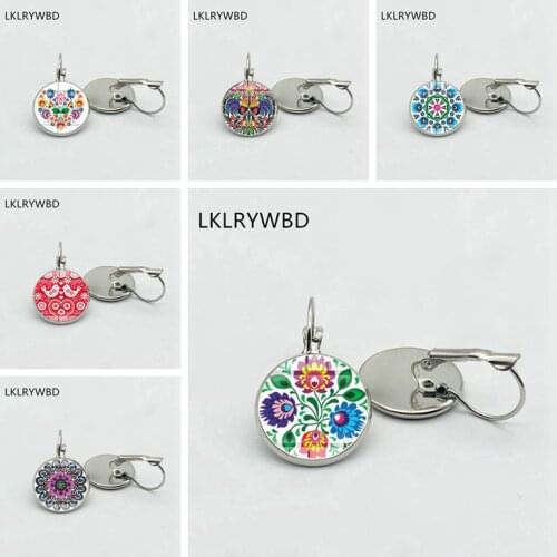 Bohemian Flower Bird Pattern Earrings Silver Bronze Earrings Glass Pendant Earrings Fashion Lady Girl Jewelry Beautiful Gift