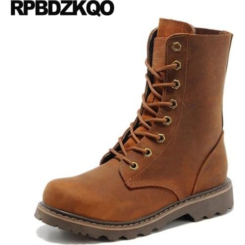 Combat army military mid calf full grain leather boots lace up autumn real high quality fall genuine men brown shoes luxury